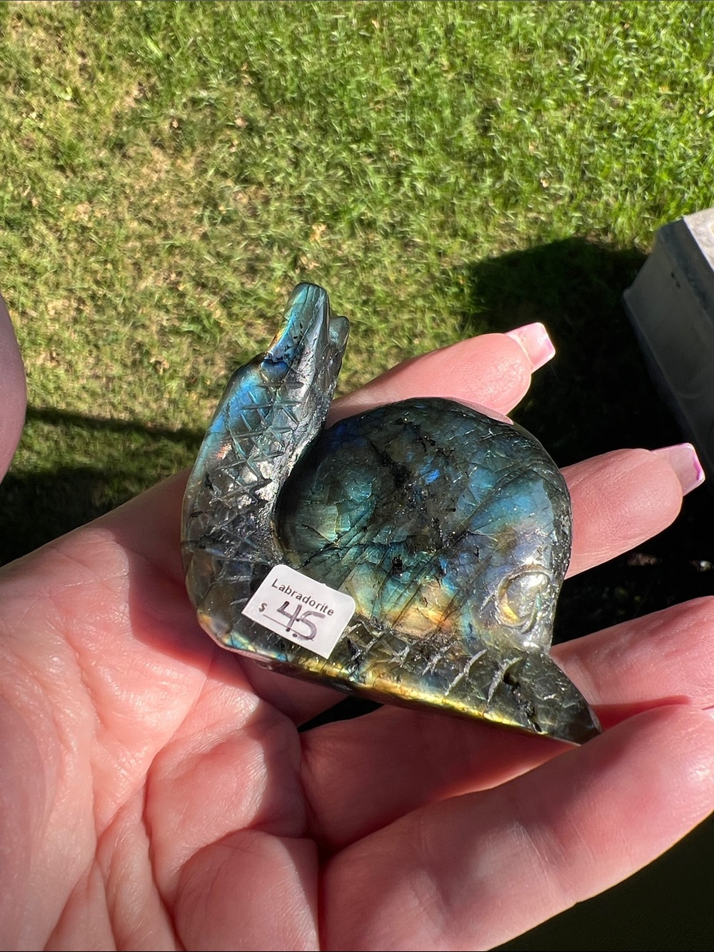 Handheld Labradorite Snail Figurine - Iridescent Blue-Green - Picture 3 of 6